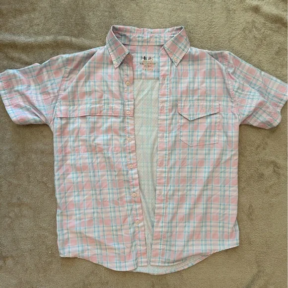 Men’s HUK Tide Point Short Sleeve Button-Down small blue pink white fishing - Picture 1 of 4